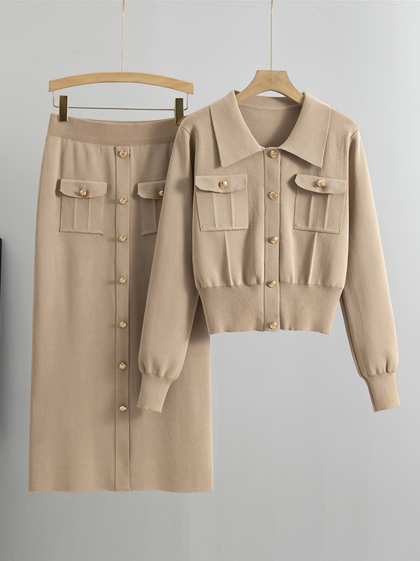 2pcs Women'S Viscose Blend Co-ord Set, Casual Lapel Collar Long Sleeve Knit Sweater and Skirt, Solid Color, Regular Fit, with Fake Button Details